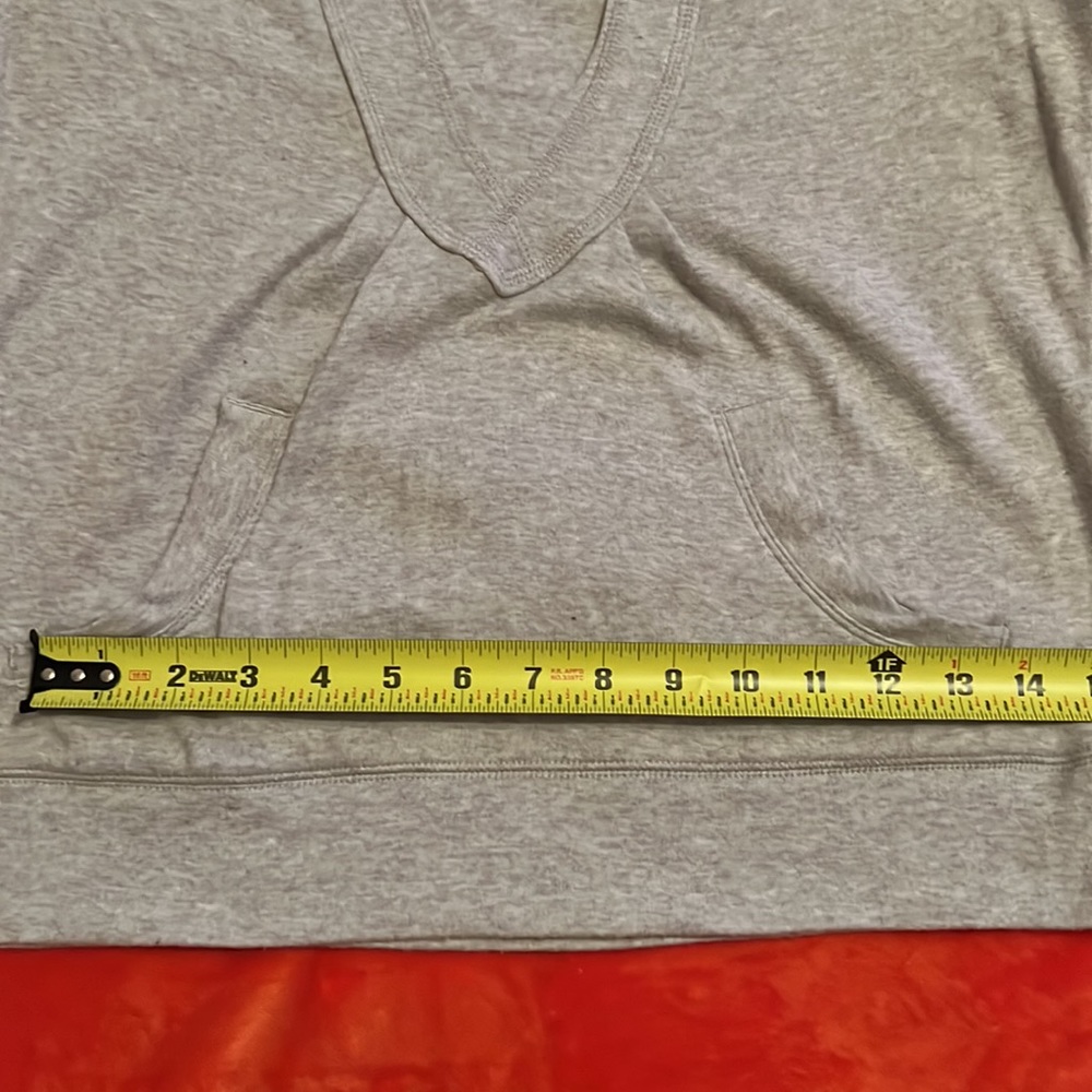 NY&Co Gray short sleeve hooded sweatshirt w/ a extended pocket & low V neck. - Picture 9 of 12